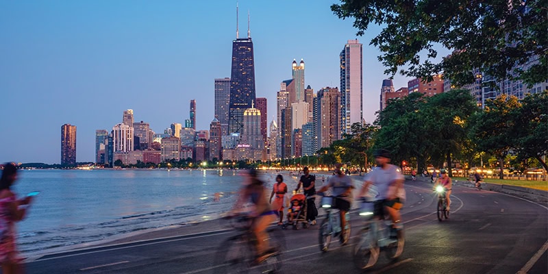 City skyline with cyclists