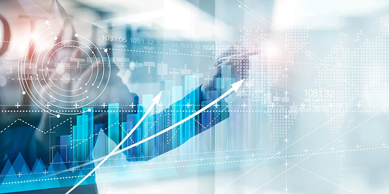 Hand of businessman drawing graphs growth of business, planning and strategy on modern virtual interface screen.