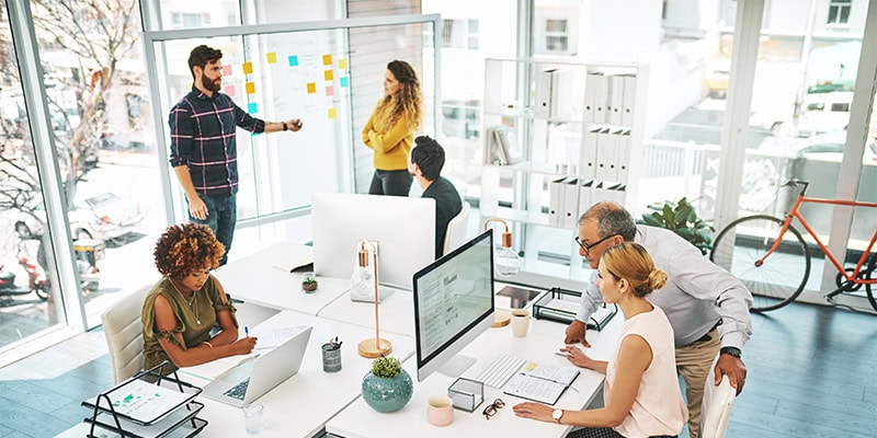 Modern office space with employees