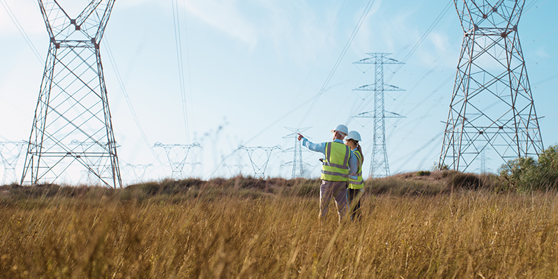 Teamwork, electrical engineer and inspection in power station with people for electricity transmission and tower check. Engineering, back and collaboration for energy distribution or mockup in field